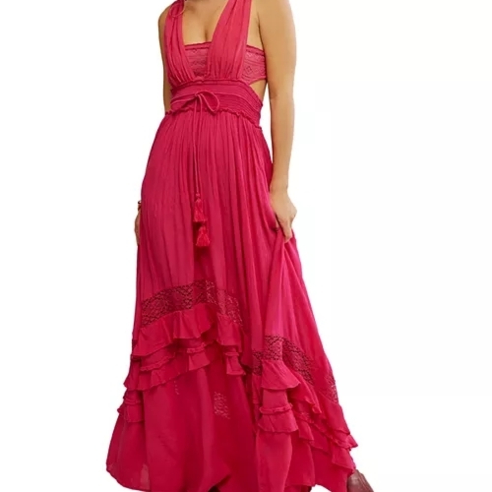 Free People Fuchsia Pink Maxi Dress with Tassel Tie